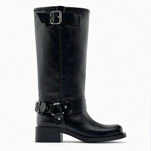 New never worn | Zara MID-CALF BUCKLED LEATHER BIKER BOOTS